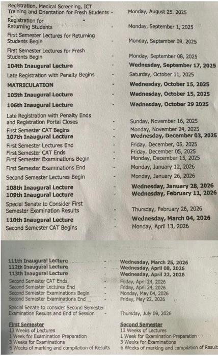 FUNAAB Academic Calendar