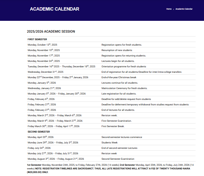 FUPRE Academic Calendar