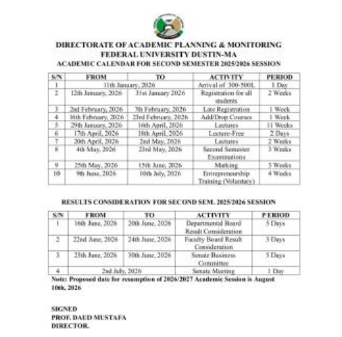 FUDMA Approved Academic Calendar