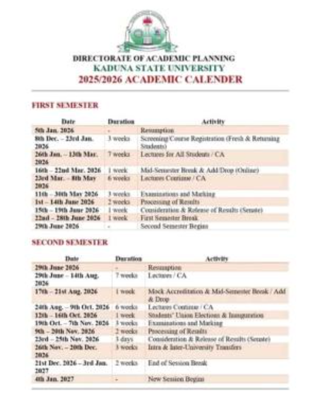 KASU approved Academic Calendar
