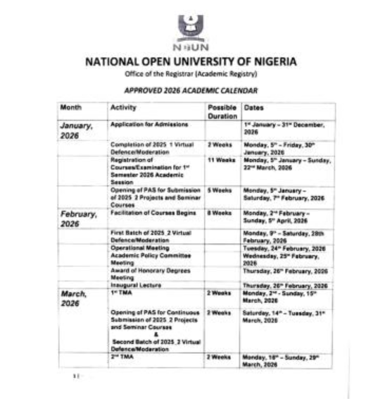 NOUN approved Academic Calendar