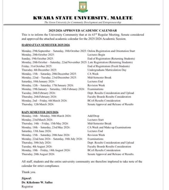 KWASU Academic Calendar
