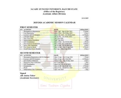 SAZU approved Academic Calendar