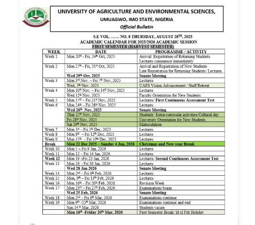 UAES approved Academic Calendar